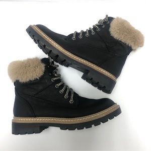 C Steve Madden Alaska Faux Fur Black Leather Combat Women Boots Size 6.5